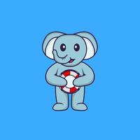 süßer Elefant, der eine Boje hält. Tierkarikaturkonzept isoliert. kann für T-Shirt, Grußkarte, Einladungskarte oder Maskottchen verwendet werden. flacher Cartoon-Stil vektor