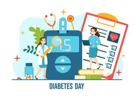 Welt Diabetes Tag Vektor Illustration auf 14 November mit Ärzte testen Blut zum Glucose und Messung Zucker im eben Karikatur Hintergrund Design