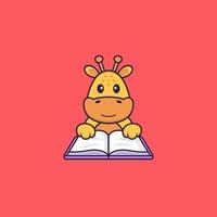 süße Giraffe, die ein Buch liest. Tierkarikaturkonzept isoliert. kann für T-Shirt, Grußkarte, Einladungskarte oder Maskottchen verwendet werden. flacher Cartoon-Stil vektor