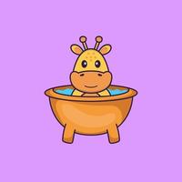 söt giraff som tar ett bad i badkaret. djur tecknad koncept isolerad. kan användas för t-shirt, gratulationskort, inbjudningskort eller maskot. platt tecknad stil vektor