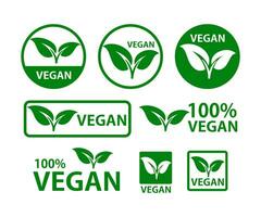 vektor vegan ikon uppsättning vegan logotyper och märken, märka, grön blad på vit bakgrund illustration.