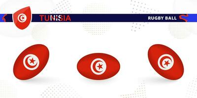 Rugby Ball einstellen mit das Flagge von Tunesien im verschiedene Winkel auf abstrakt Hintergrund. vektor