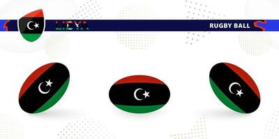 Rugby Ball einstellen mit das Flagge von Libyen im verschiedene Winkel auf abstrakt Hintergrund. vektor