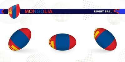 Rugby Ball einstellen mit das Flagge von Mongolei im verschiedene Winkel auf abstrakt Hintergrund. vektor