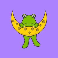 süßer Frosch ist auf dem Mond. Tierkarikaturkonzept isoliert. kann für T-Shirt, Grußkarte, Einladungskarte oder Maskottchen verwendet werden. flacher Cartoon-Stil vektor