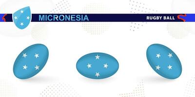 Rugby Ball einstellen mit das Flagge von Mikronesien im verschiedene Winkel auf abstrakt Hintergrund. vektor