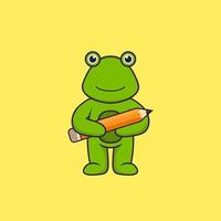süßer Frosch, der einen Bleistift hält. Tierkarikaturkonzept isoliert. kann für T-Shirt, Grußkarte, Einladungskarte oder Maskottchen verwendet werden. flacher Cartoon-Stil vektor