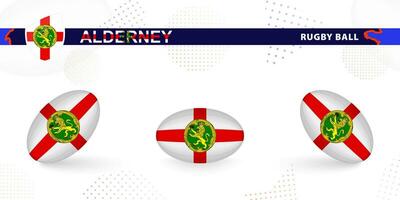 Rugby Ball einstellen mit das Flagge von alderney im verschiedene Winkel auf abstrakt Hintergrund. vektor