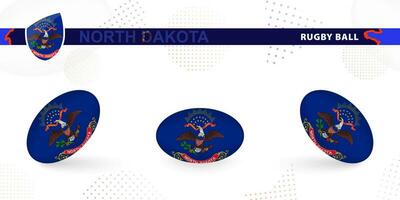 rugby boll uppsättning med de flagga av norr dakota i olika vinklar på abstrakt bakgrund. vektor