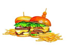 frisch lecker Burger mit Französisch Fritten. Aquarell Illustration vektor