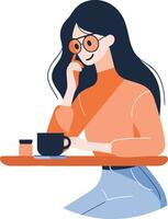 Hand gezeichnet weiblich Büro Arbeiter entspannend während Trinken Kaffee im eben Stil vektor