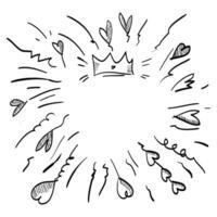 Sternenexplosion, Sunburst Hand gezeichnet. Gekritzel Design Element mit Herz, Liebe und Krone. Vektor Illustration