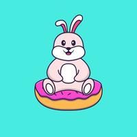 süßes Kaninchen sitzt auf Donuts. Tierkarikaturkonzept isoliert. kann für T-Shirt, Grußkarte, Einladungskarte oder Maskottchen verwendet werden. flacher Cartoon-Stil vektor