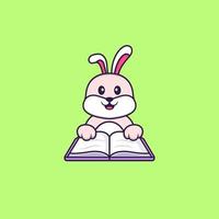 süßes Kaninchen, das ein Buch liest. Tierkarikaturkonzept isoliert. kann für T-Shirt, Grußkarte, Einladungskarte oder Maskottchen verwendet werden. flacher Cartoon-Stil vektor
