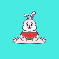 Süßes Kaninchen, das Wassermelone isst. Tierkarikaturkonzept isoliert. kann für T-Shirt, Grußkarte, Einladungskarte oder Maskottchen verwendet werden. flacher Cartoon-Stil vektor