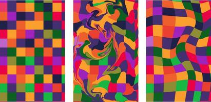 samling av retro checkerboard bakgrunder terar levande nyanser. en häftig och psychedelic schackbräde bakgrund inspirerad förbi de 60s och 70-tal. vektor