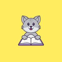 süße Katze, die ein Buch liest. Tierkarikaturkonzept isoliert. kann für T-Shirt, Grußkarte, Einladungskarte oder Maskottchen verwendet werden. flacher Cartoon-Stil vektor