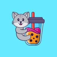 söt katt dricker boba mjölk te. djur tecknad koncept isolerad. kan användas för t-shirt, gratulationskort, inbjudningskort eller maskot. platt tecknad stil vektor
