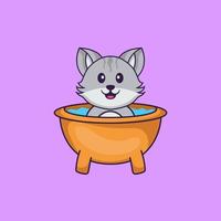 söt katt som badar i badkaret. djur tecknad koncept isolerad. kan användas för t-shirt, gratulationskort, inbjudningskort eller maskot. platt tecknad stil vektor