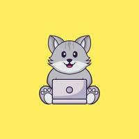 söt katt med bärbar dator. djur tecknad koncept isolerad. kan användas för t-shirt, gratulationskort, inbjudningskort eller maskot. platt tecknad stil vektor