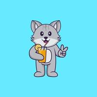söt katt som håller apelsinjuice i glas. djur tecknad koncept isolerad. kan användas för t-shirt, gratulationskort, inbjudningskort eller maskot. platt tecknad stil vektor
