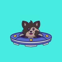 söt katt kör rymdskepp ufo. djur tecknad koncept isolerad. kan användas för t-shirt, gratulationskort, inbjudningskort eller maskot. platt tecknad stil vektor