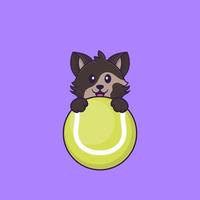 söt katt som spelar tennis. djur tecknad koncept isolerad. kan användas för t-shirt, gratulationskort, inbjudningskort eller maskot. platt tecknad stil vektor