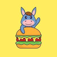 Süßes Lama, das Burger isst. Tierkarikaturkonzept isoliert. kann für T-Shirt, Grußkarte, Einladungskarte oder Maskottchen verwendet werden. flacher Cartoon-Stil vektor
