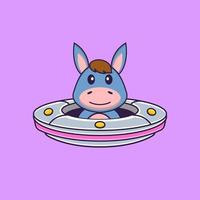 Süßes Lama, das Raumschiff UFO fährt Tierkarikaturkonzept isoliert. kann für T-Shirt, Grußkarte, Einladungskarte oder Maskottchen verwendet werden. flacher Cartoon-Stil vektor