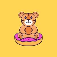 süßer Tiger sitzt auf Donuts. Tierkarikaturkonzept isoliert. kann für T-Shirt, Grußkarte, Einladungskarte oder Maskottchen verwendet werden. flacher Cartoon-Stil vektor