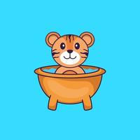 Süßer Tiger, der ein Bad in der Badewanne nimmt. Tierkarikaturkonzept isoliert. kann für T-Shirt, Grußkarte, Einladungskarte oder Maskottchen verwendet werden. flacher Cartoon-Stil vektor