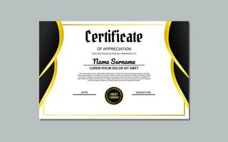 svart och guld certifikat mall design för uppskattning. lyx stil certifikat design. certifikat för uppskattning av företag och utbildning. vektor