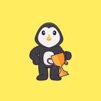 süßer Pinguin, der goldene Trophäe hält. Tierkarikaturkonzept isoliert. kann für T-Shirt, Grußkarte, Einladungskarte oder Maskottchen verwendet werden. flacher Cartoon-Stil vektor
