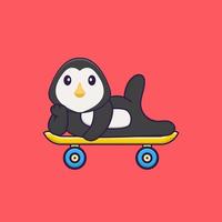 süßer Pinguin, der auf einem Skateboard liegt. Tierkarikaturkonzept isoliert. kann für T-Shirt, Grußkarte, Einladungskarte oder Maskottchen verwendet werden. flacher Cartoon-Stil vektor