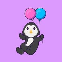 söt pingvin som flyger med två ballonger. djur tecknad koncept isolerad. kan användas för t-shirt, gratulationskort, inbjudningskort eller maskot. platt tecknad stil vektor