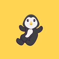 süßer Pinguin fliegt. Tierkarikaturkonzept isoliert. kann für T-Shirt, Grußkarte, Einladungskarte oder Maskottchen verwendet werden. flacher Cartoon-Stil vektor