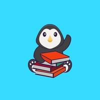süßer Pinguin, der ein Buch liest. Tierkarikaturkonzept isoliert. kann für T-Shirt, Grußkarte, Einladungskarte oder Maskottchen verwendet werden. flacher Cartoon-Stil vektor