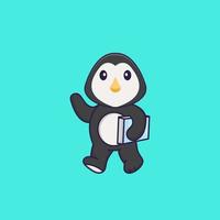 süßer Pinguin, der ein Buch hält. Tierkarikaturkonzept isoliert. kann für T-Shirt, Grußkarte, Einladungskarte oder Maskottchen verwendet werden. flacher Cartoon-Stil vektor