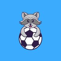 süßer Waschbär, der Fußball spielt. Tierkarikaturkonzept isoliert. kann für T-Shirt, Grußkarte, Einladungskarte oder Maskottchen verwendet werden. flacher Cartoon-Stil vektor