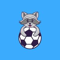 söt tvättbjörn som spelar fotboll. djur tecknad koncept isolerad. kan användas för t-shirt, gratulationskort, inbjudningskort eller maskot. platt tecknad stil vektor