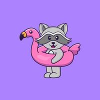 söt tvättbjörn med flamingoboj. djur tecknad koncept isolerad. kan användas för t-shirt, gratulationskort, inbjudningskort eller maskot. platt tecknad stil vektor