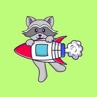 söt racoon som flyger på raket. djur tecknad koncept isolerad. kan användas för t-shirt, gratulationskort, inbjudningskort eller maskot. platt tecknad stil vektor