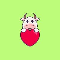 süße Kuh, die ein großes rotes Herz hält. Tierkarikaturkonzept isoliert. kann für T-Shirt, Grußkarte, Einladungskarte oder Maskottchen verwendet werden. flacher Cartoon-Stil vektor