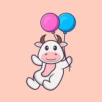 söt ko som flyger med två ballonger. djur tecknad koncept isolerad. kan användas för t-shirt, gratulationskort, inbjudningskort eller maskot. platt tecknad stil vektor