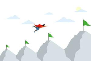 Konzept von Herausforderung zu leisten Erfolg Meilensteine, Geschäft Ziele, Mission oder Werdegang Entwicklung, Reise von Wachstum oder Fortschritt, Geschäftsfrau Superheld fliegend zu das oben von das Berg. vektor