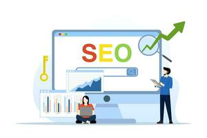 SEO oder Suche Motor Optimierung Konzept, Webseite Suche Ergebnisse, Werbung oder Marketing zu verbessern Netz Rangfolge oder Benutzer Entdeckung Konzept, Mannschaft Analyse zu optimieren seo. eben Vektor Illustration.