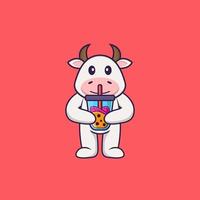 söt ko som dricker bobamjölkte. djur tecknad koncept isolerad. kan användas för t-shirt, gratulationskort, inbjudningskort eller maskot. platt tecknad stil vektor