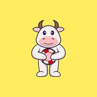 süße Kuh, die eine Boje hält. Tierkarikaturkonzept isoliert. kann für T-Shirt, Grußkarte, Einladungskarte oder Maskottchen verwendet werden. flacher Cartoon-Stil vektor