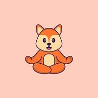 Der süße Fuchs meditiert oder macht Yoga. Tierkarikaturkonzept isoliert. kann für T-Shirt, Grußkarte, Einladungskarte oder Maskottchen verwendet werden. flacher Cartoon-Stil vektor