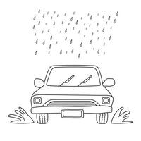 hand dragen barn teckning tecknad serie vektor illustration bil i de regn ikon isolerat på vit bakgrund